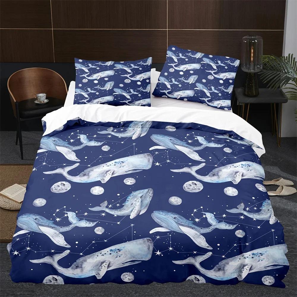 Cartoon Whale Duvet Cover King Queen Cute Ocean Animal Bedding Set for Kids Teens Adults Wildlife 2/3pcs Polyester Quilt Cover