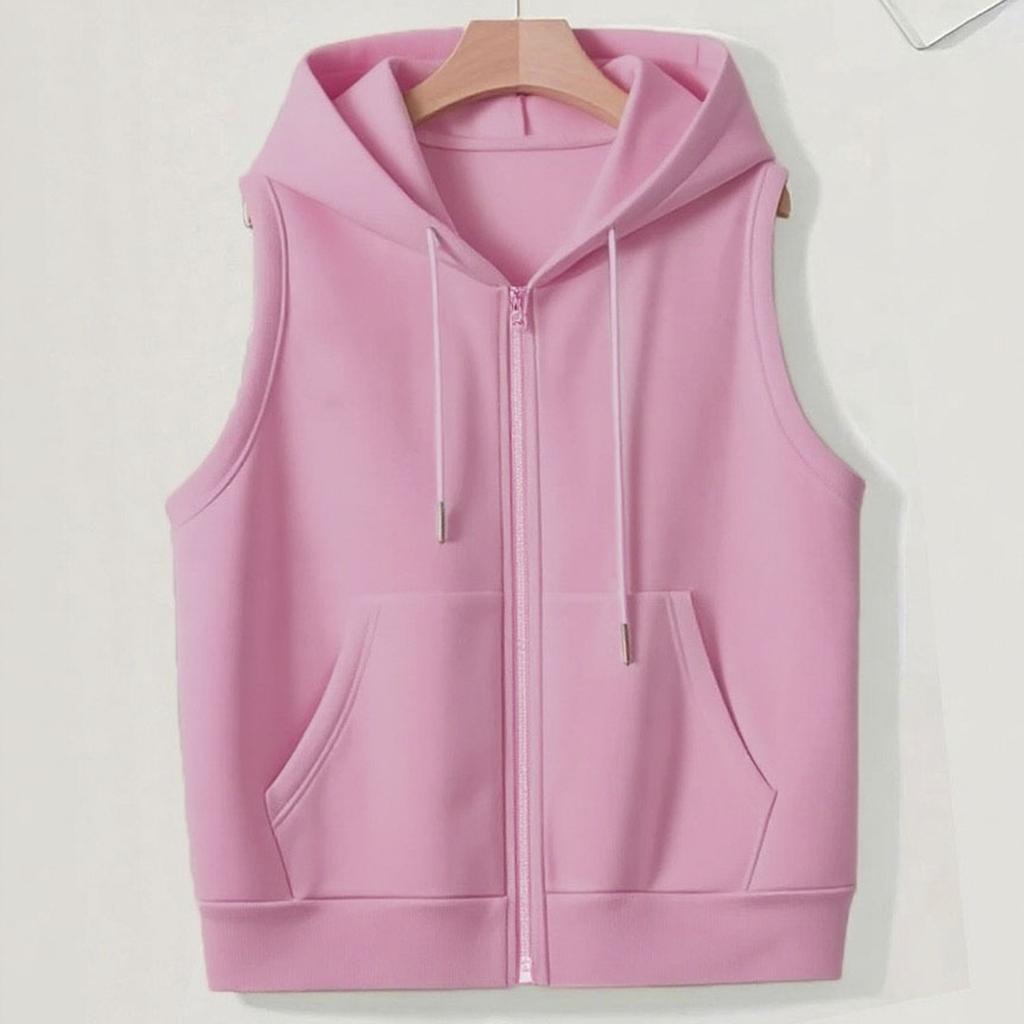 Women's Solid Color Plus Size Fashionable Hooded Drawstring Pocket Vest Top Jacket