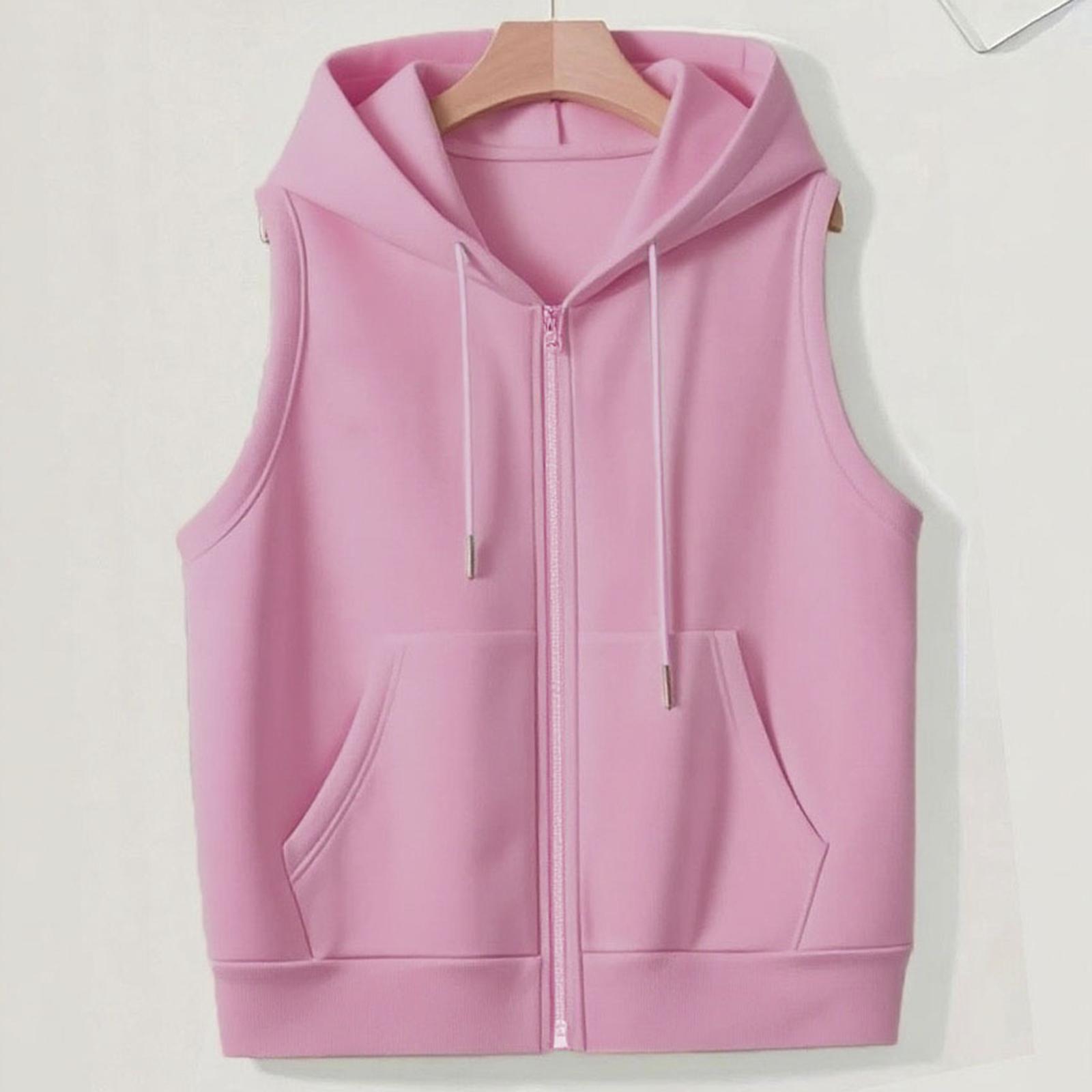 

Women s Solid Color Plus Size Fashionable Hooded Drawstring Pocket Vest Top Jacket XXL розовый