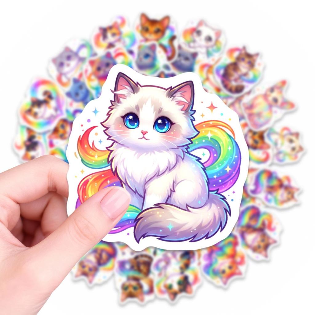 50/100Pcs Gradient Rainbow Cat Cartoon Stickers, Thick Waterproof DIY for Student Stationery Box Diary Pen Holder Desk Scrapbook