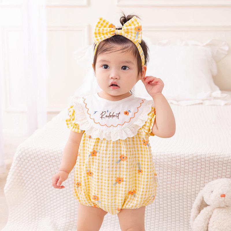 Newborn Girls' Plaid Romper - Summer Infant Bodysuit and Harem Jumpsuit
