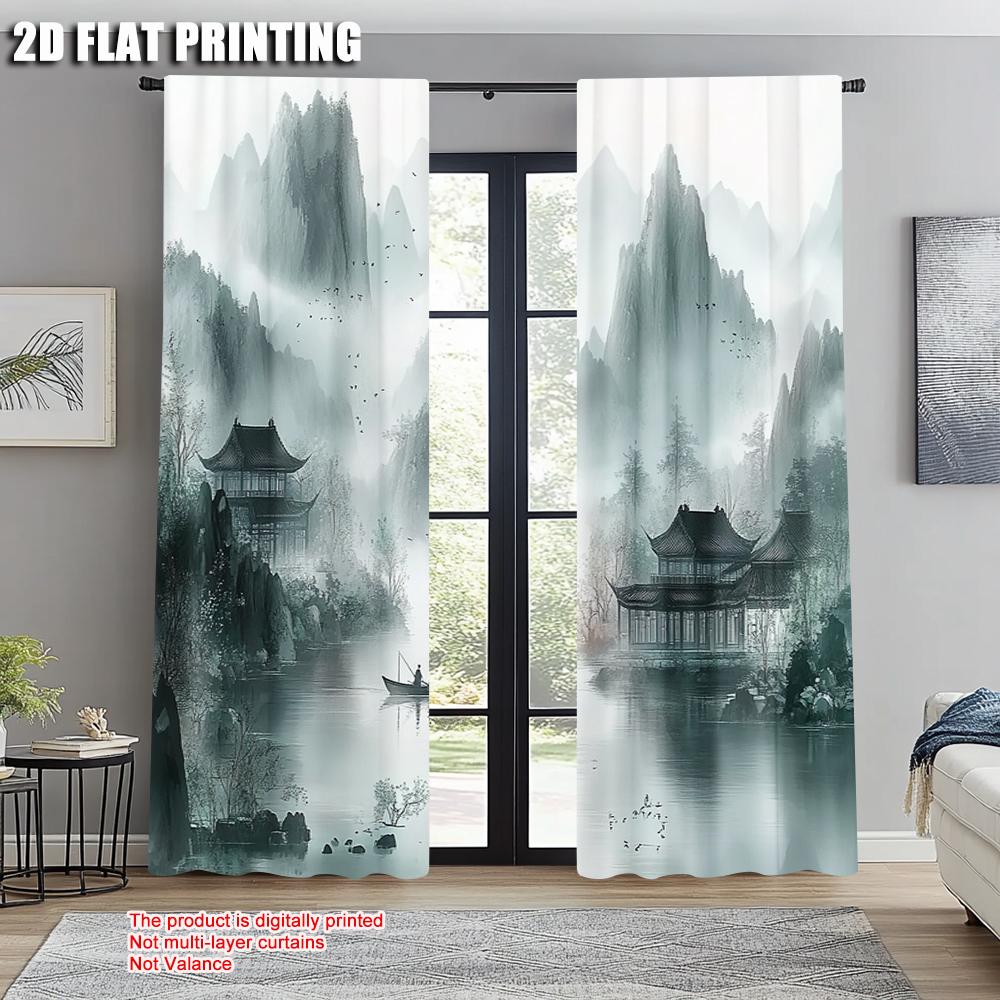2pcs   Pattern Curtains  print Chinese Ink Landscape 100% Polyester (without rod) Home Decor Use for Living Room   Semi-Sheer