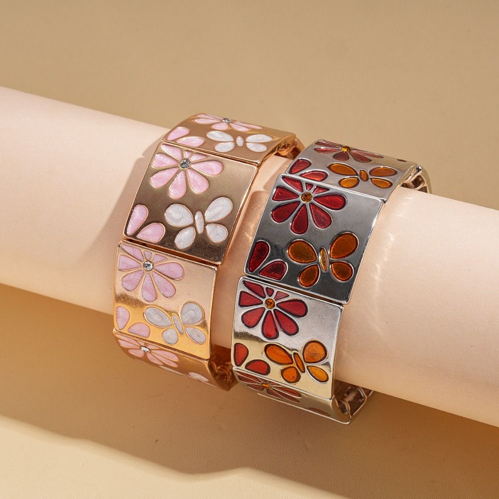 Silver Drip Oil Flower Bracelet Metal Elastic Bangles Creative Geometric Square Bangle Girls Gift