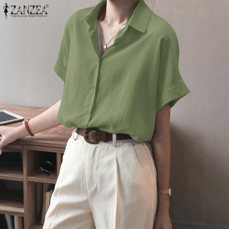 ZANZEA Women Summer Turn Down Collar Casual Short Sleeve Blouse