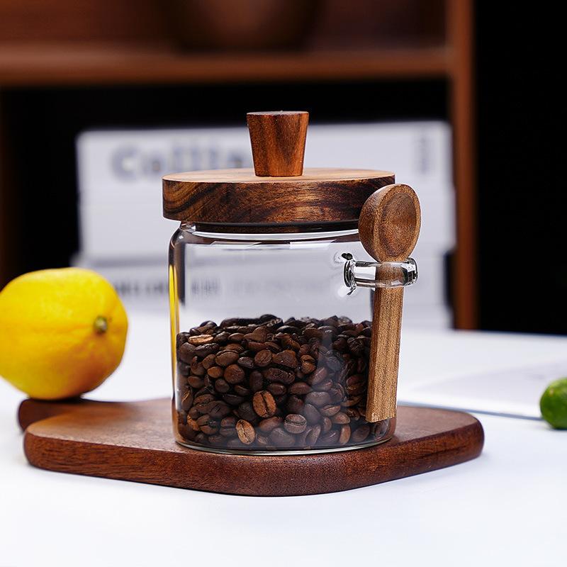 New household thickened honey storage tank with stirring stick Acacia wood cover transparent glass food sealed jar