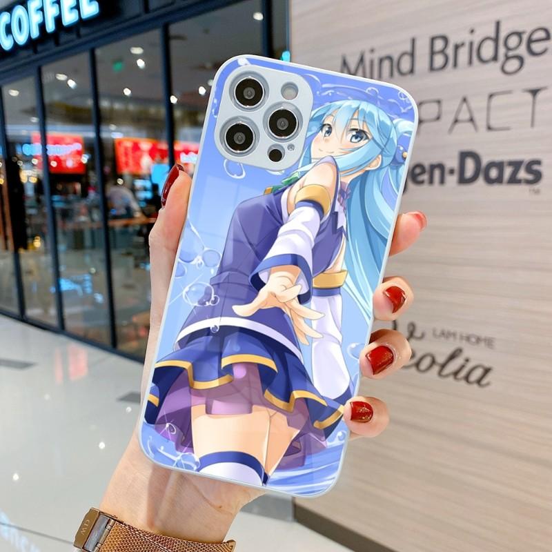 Cute Konosuba Anime Girl Phone Case For IPhone 14 13 12 11 Pro Max X XR XS 8 7 Plus Liquid Glass Color Phone Cover