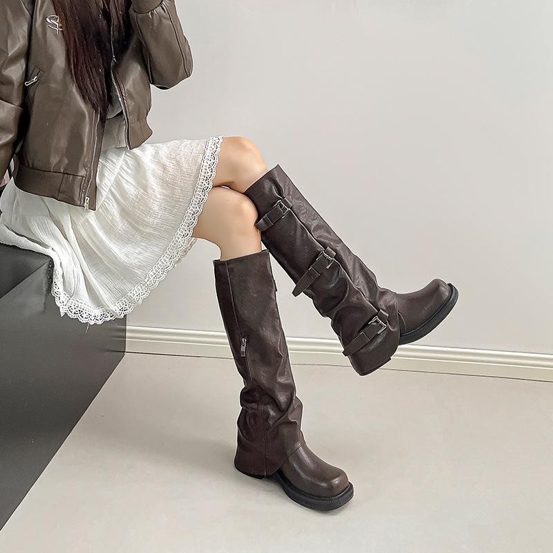 Inner heightening boots Female grape mother Same thick-soled belt buckle Long tube Spice girl trouser boots Western knight boots Autumn models
