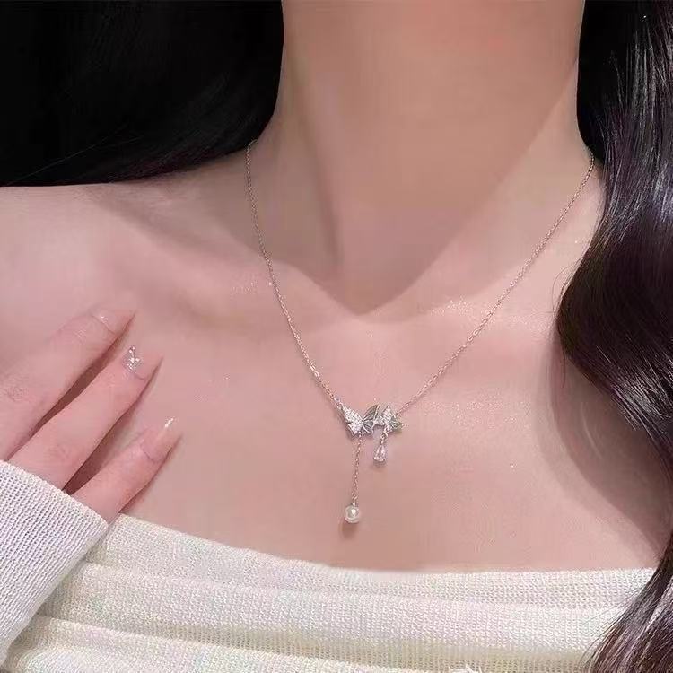 Double Butterfly Tassel Pendant Necklace Sweet Korean S925 Silver Pavé Set Anti Tarnish Daily Party Jewelry