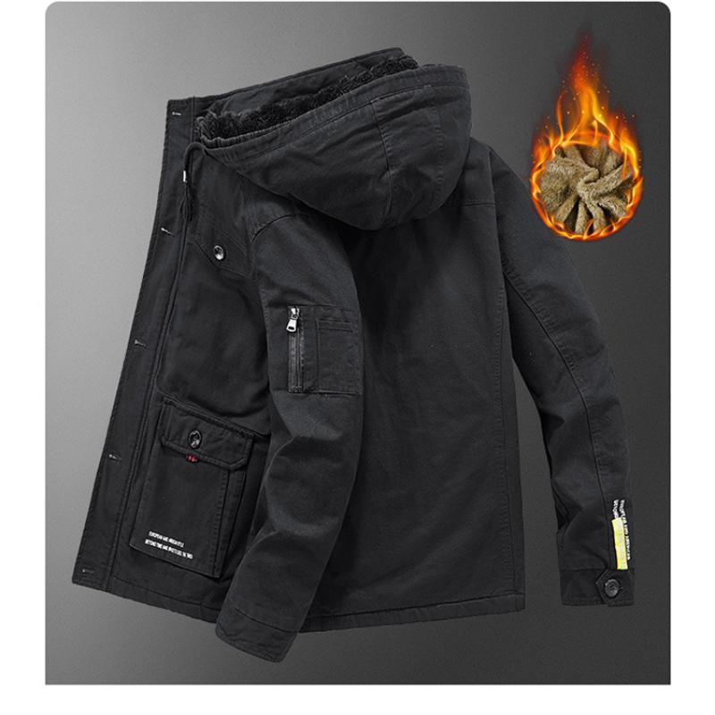 Winter Men's Cotton Coat Plus Velvet and Thickened Coat, Work Jacket, Multi-pocket Hooded Top Coat
