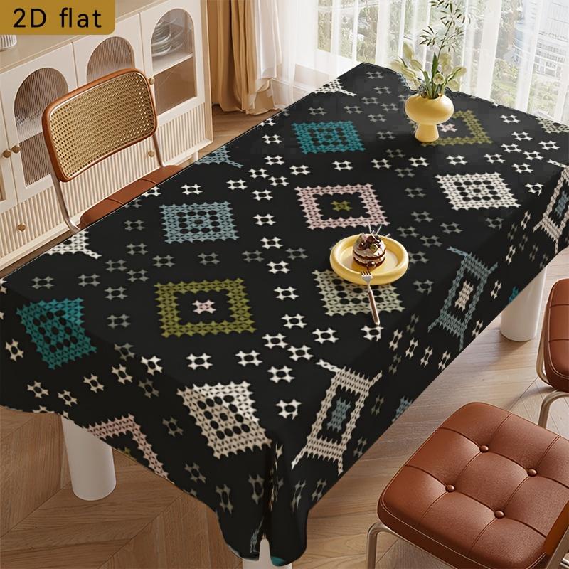 2D Flat Banner 1pc Bohemian Style Black Multi-Color Geometric Pattern Tablecloth, 2D Flat Kitchen Dining Table Rectangular Table Decor, Party Tableclo