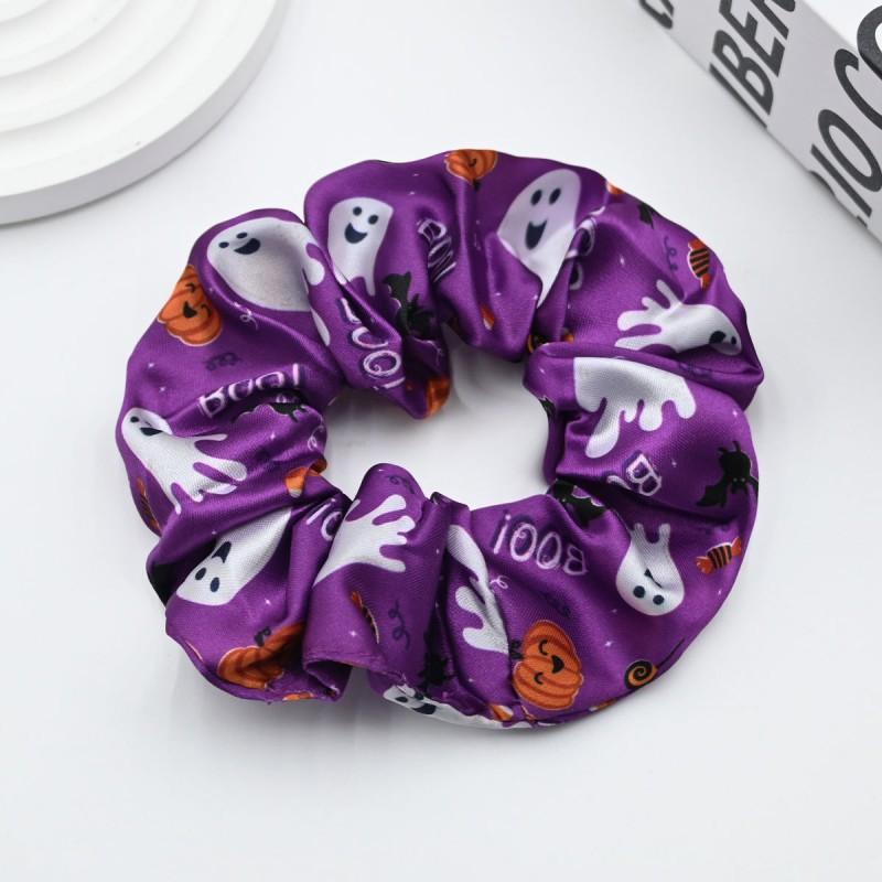 Halloween Themed Hair Tie Elastic Scrunchie Women Purple Beige Ghost Pumpkin Moon Design