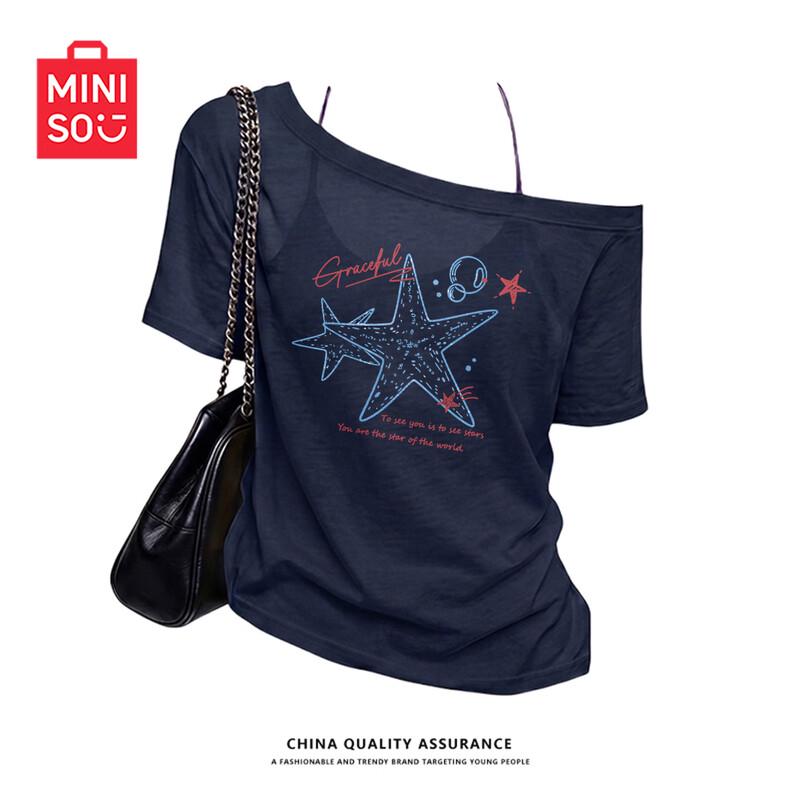 MINISO Women's Irregular Off-Shoulder Short Sleeve Top