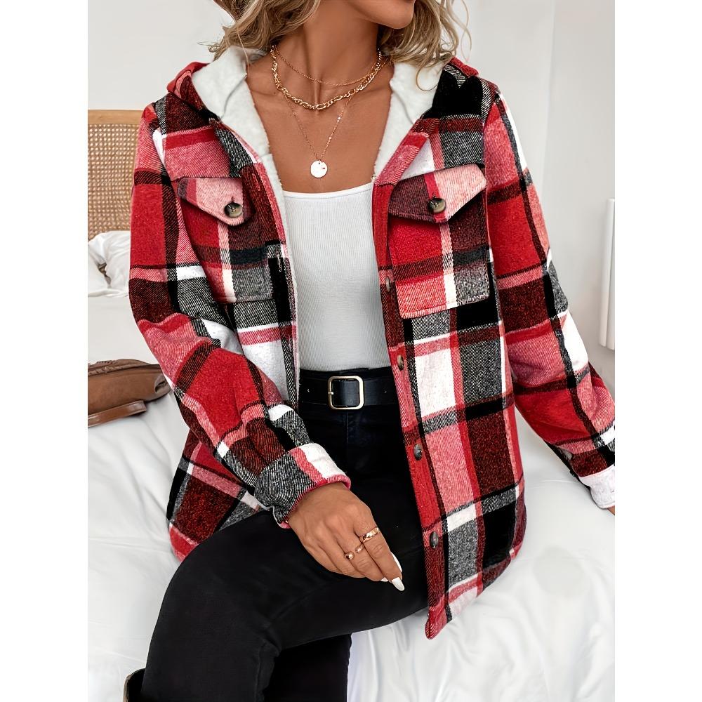 Women's Casual Plaid Hooded Jacket with Fleece Lining Woven Shirt Autumn and Winter Tops