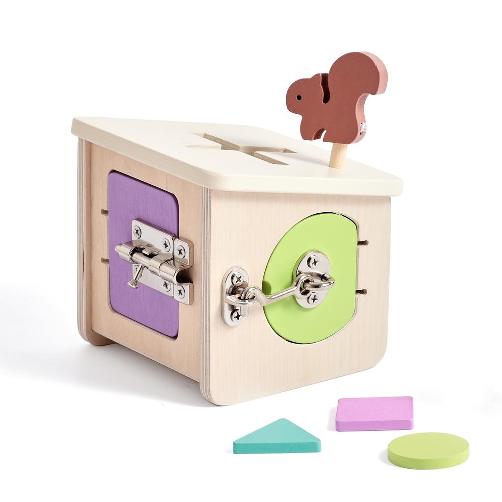 Wooden Early Education Lock Box Toy with Shape Sorting ,Color Recognition Features,Activity Unlocking Skills Tool Set for Toddler Developmental Play