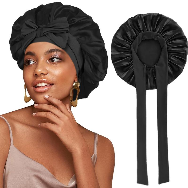 New Silky Bonnet With Elastic Tie Band Hair Bonnet For Sleeping Shower Cap Reusable Adjusting Hair Care Wrap Cap Sleep Caps