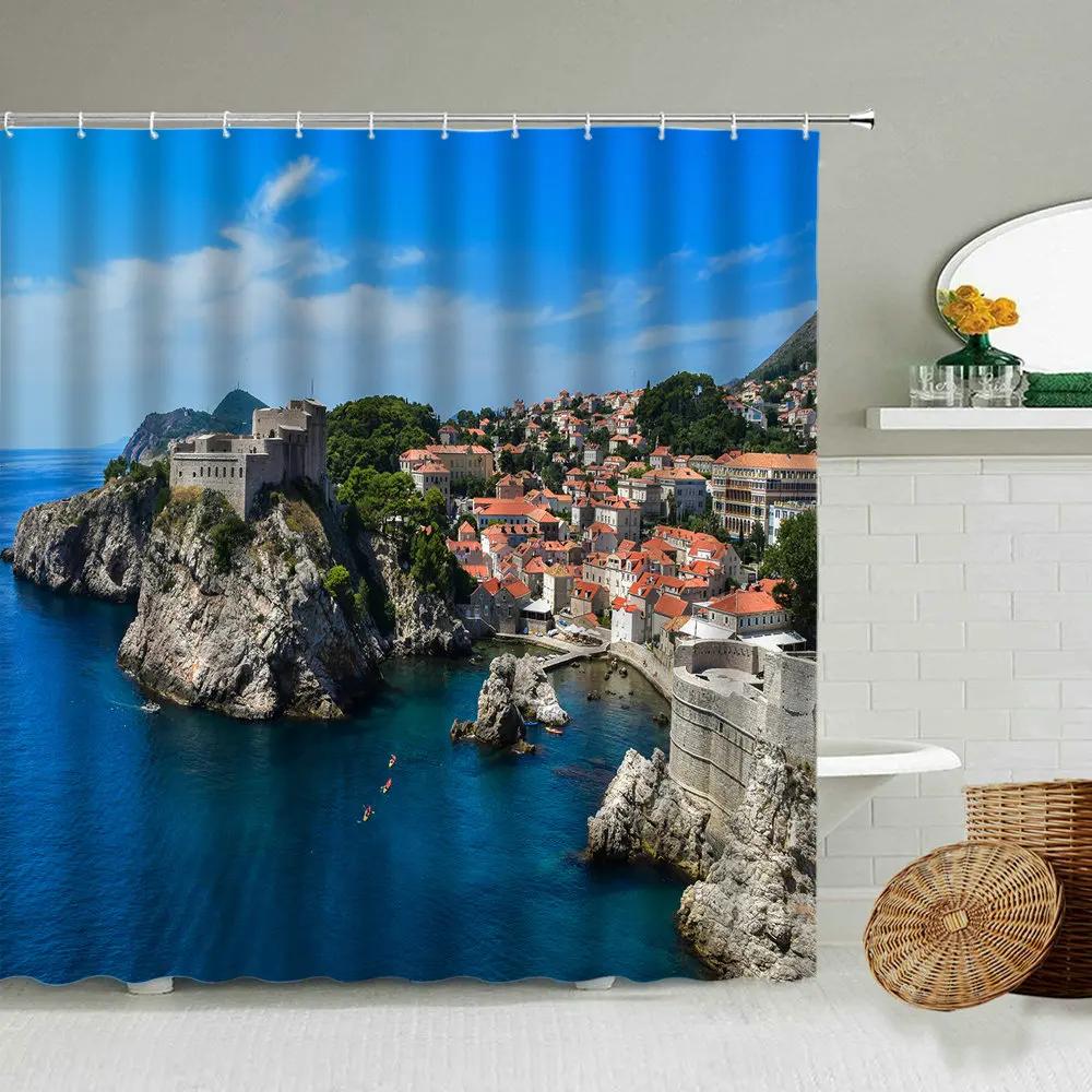 European Seaside Village Scenery Shower Curtain Nature Landscape Bathroom Accessories Decoration Bathtub Screen With Hooks