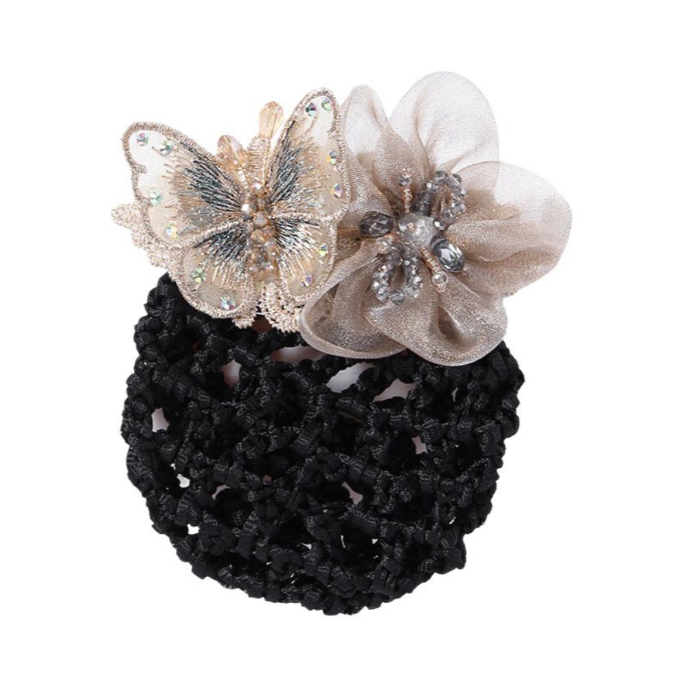 Butterfly Flower Elastic Hair Net Rhinestone Beads Decor Hair Bun Holder  Hotel Staff Uniform