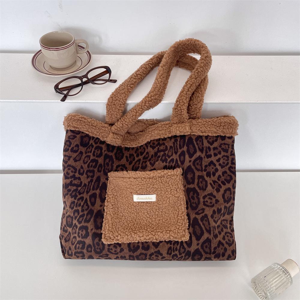 Vintage Leopard Print Plush Stitching Women's Shoulder Bags Large Capacity Female Tote Bag Casual Versatile Ladies Handbag