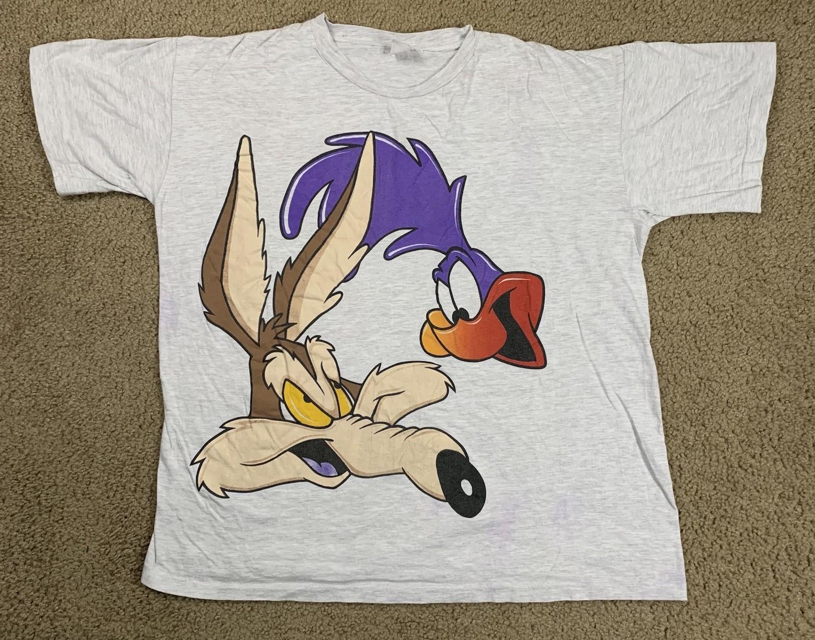 VTG Looney Tunes XL Gray Short Sleeve T Shirt Wile E Coyote Roadrunner Retro 90s M