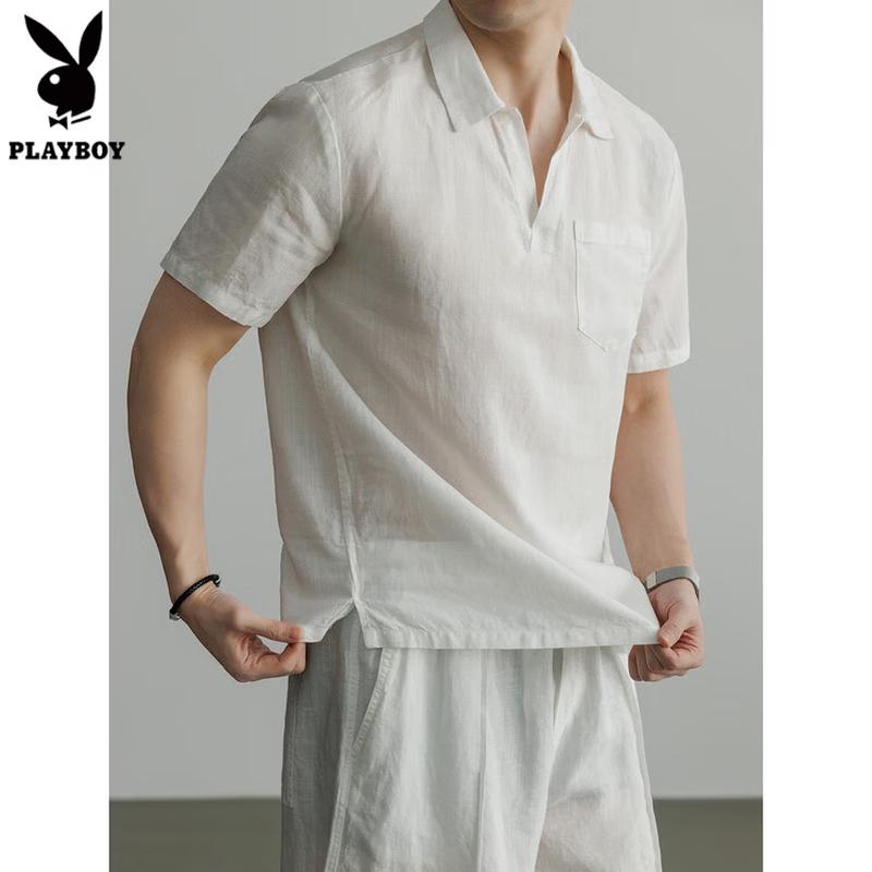 

PLAYBOY Men s Linen Blend Seagull Collar Loose Fit T-Shirt 4XL (190cm)