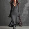 2025 Autumn Elegant Knit Fishtail Skirt with Zipper Lapel and Bell Sleeves - European and American Style