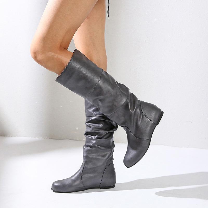 Large Size Flat Bottom Inner Height Increasing Women's Boots Women's High Boots Solid Color Folded High Leather Boots