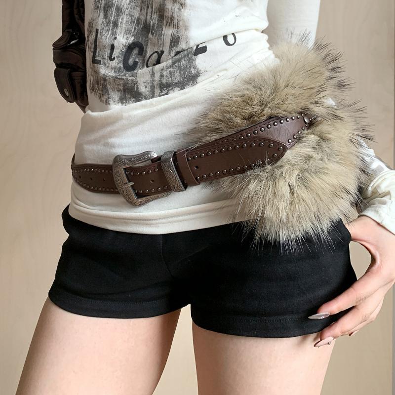 1pcs PU Studded Leather Fur Belt Faux Fur Spicy Girl Style Furry Waistband Korean Style Jeans Decor Y2K Waistband