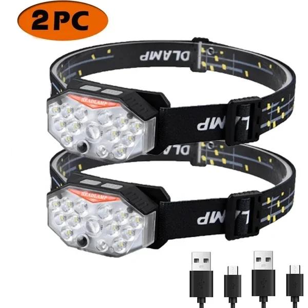 Multi-Functional Intelligent Headlamp Rechargeable Dual Light Source Headlight Red Warning Tent Camping Night Fishing Lantern