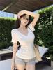 White v-neck short-sleeved front shoulder T-shirt women's summer basic slim-fit inner Spice Girl simple and thin bottoming shirt top