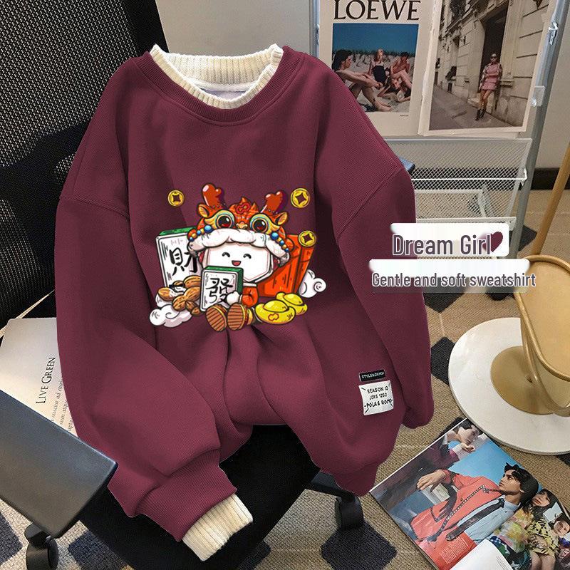 Women's Plus Size Red Round Neck Sweatshirt, Fleece-lined, Winter Layered Look, New Year Style