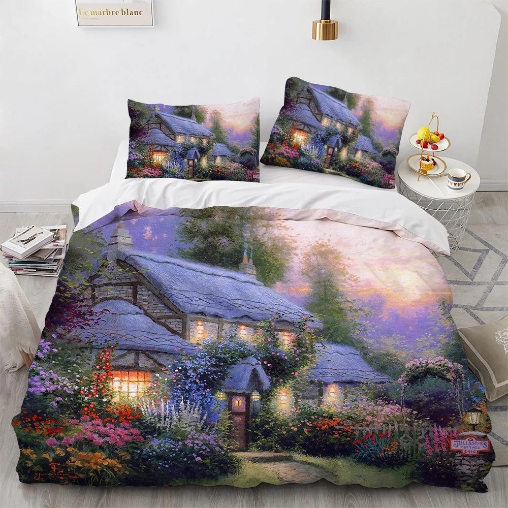 Krásný malovaný povlak na přikrývku a polštáře velikosti King Queen polyesterová ložní souprava pro děti chlapce dívky povlak na přikrývku vzor Dům Strom