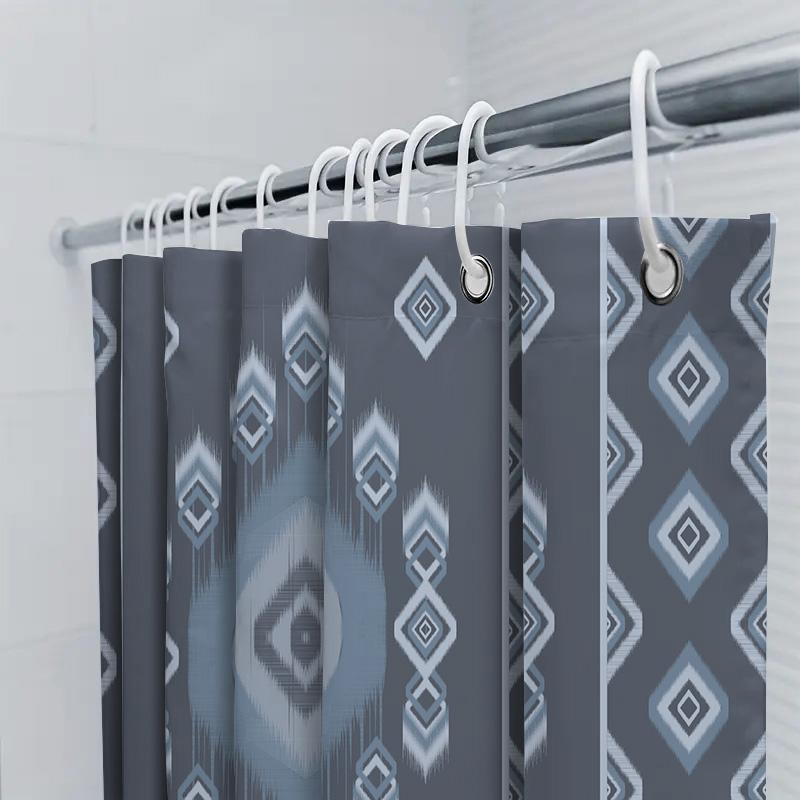 Modern Geometric Shower Curtain Set, Blue White Design Pattern Fabric For Bathroom Decor 72 X 72 Inches