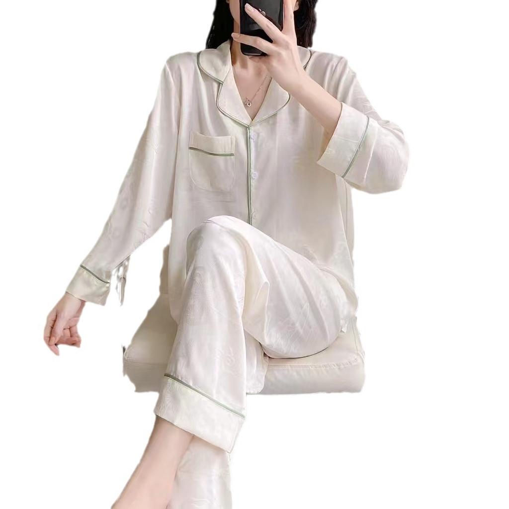 Spring and autumn new long-sleeve pajamas women's silk set, sophisticated light luxury cardigan thin collared ice silk loungewear
