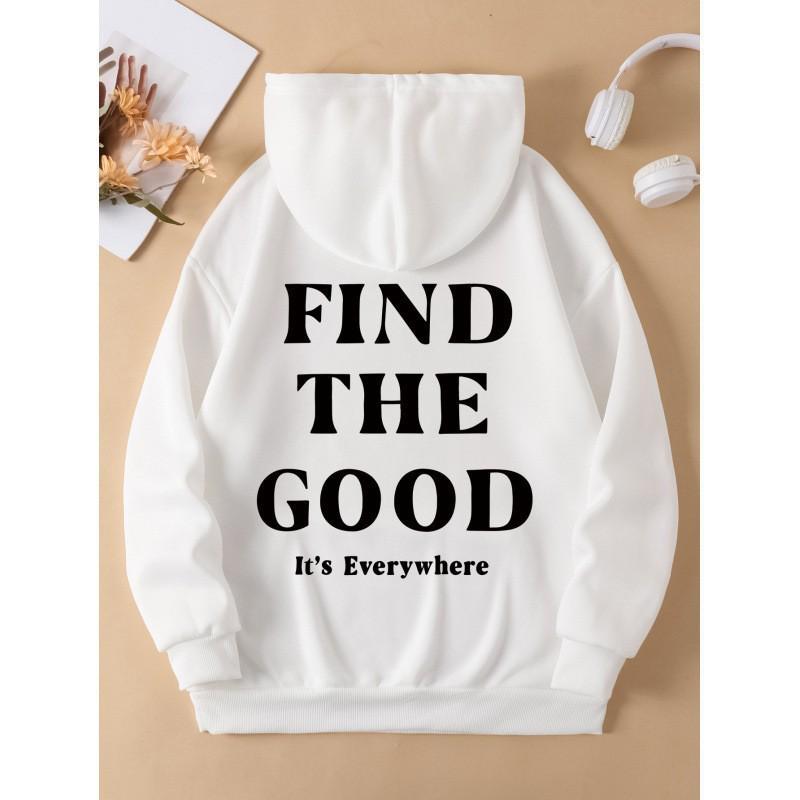 Women's Loose Hoodie with Letter Print and Kangaroo Pocket