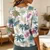 Damen Lässiges Hawaiian-Print-Hemd mit V-Ausschnitt, 3/4-Ärmel, Leichte Sommerbluse, Locker geschnittenes Oberteil für den Alltag