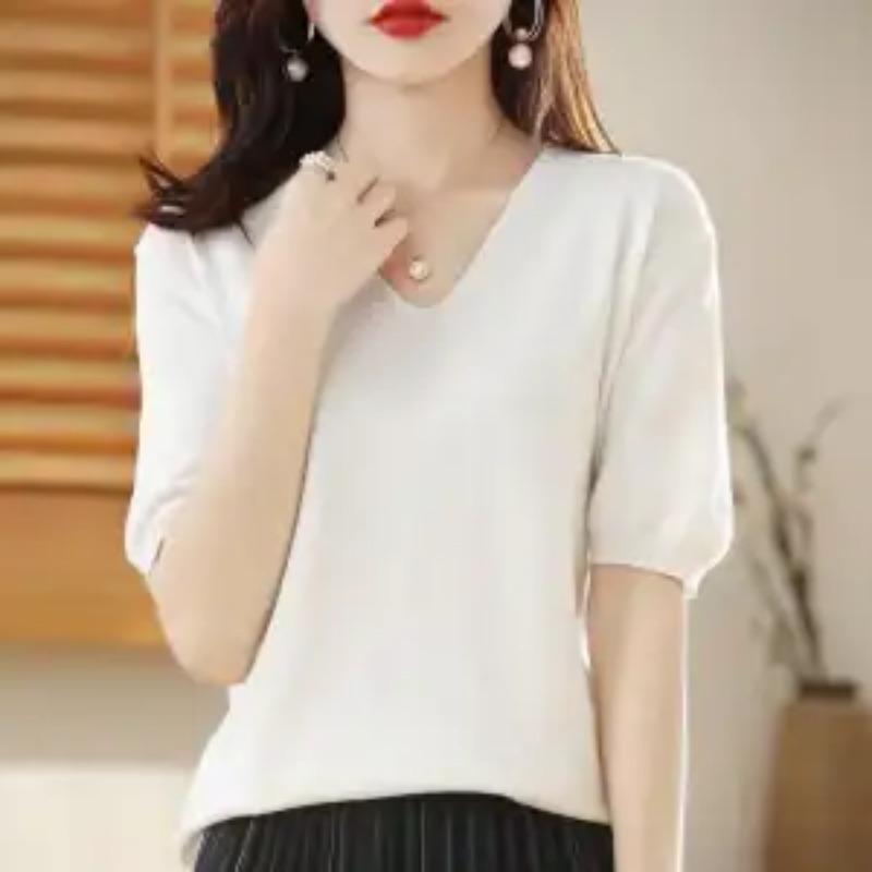 Mode Einfach Sommer Neu V-Ausschnitt T-Shirt Damen Einfarbig Schraubgewinde Temperament Locker Vielseitig Stricktop