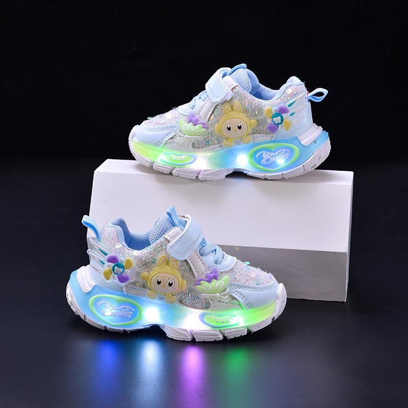 Glowing 2025 Spring/Autumn Light-Up Velcro Sports Shoes for Girls - Cartoon Design and Running Comfort
