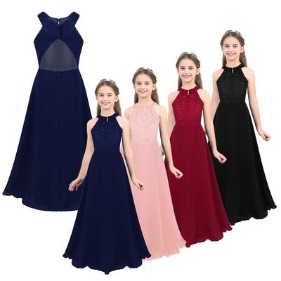 Ärmelloses Spitze Chiffon Neckholder Kleid für Mädchen Blumenmädchenkleid Prinzessin Schönheitswettbewerb Hochzeit Kinder Erstkommunion Tutu Bodenlanges Kleid