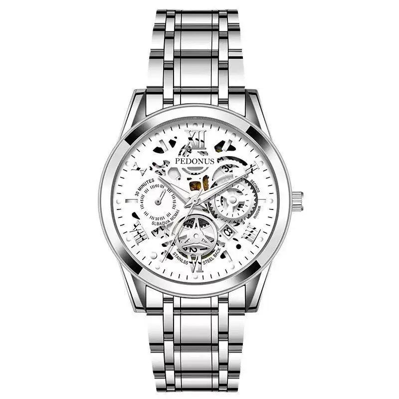 New Fashion Luxury Man Business Hollow Skeleton Faux Mechanical Watch Men Stainless Steel Quartz Watches Male Clock reloj hombre
