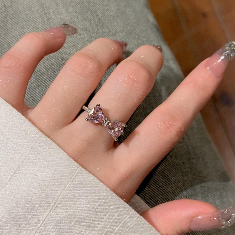 Chic Pink Geometric Diamond Butterfly Bow Ring For Women Trendy Adjustable Band Copper