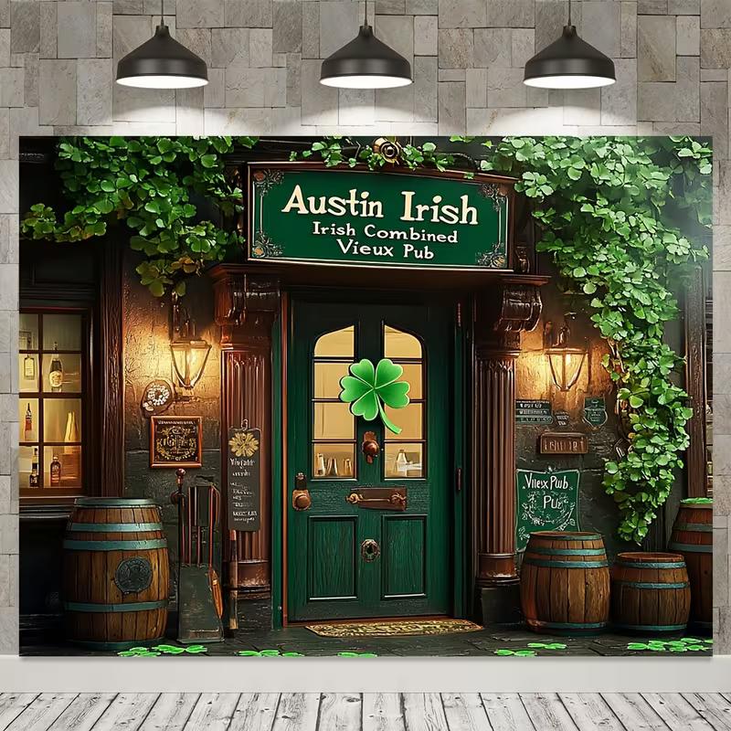 2D Vintage Irische Vieux Pub Fassade Hintergrund mit Grünem Efeu und Klee
