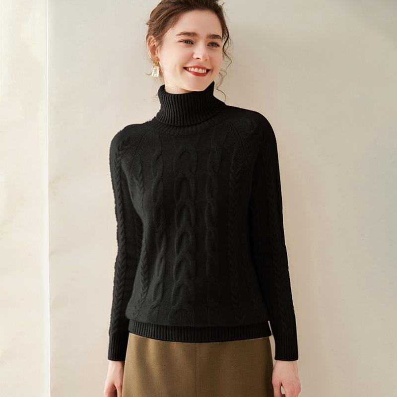 Women's High Neck Cable Knit Cashmere Sweater, Slimming Long Sleeve Thick Pullover for Autumn and Winter