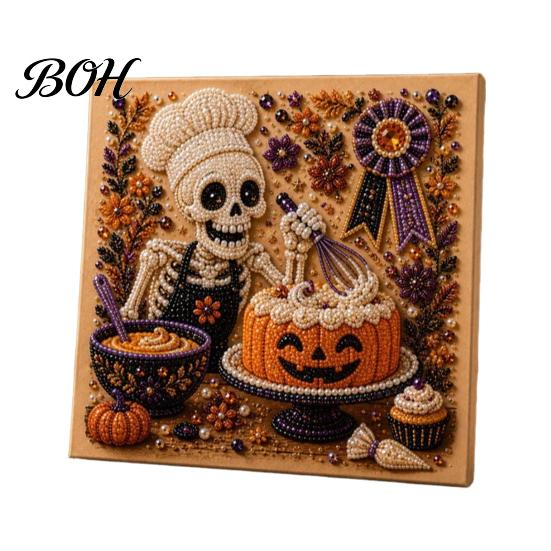 Whimsical Ghost And Pumpkin Art Halloween Faux Pearl Kit, Cute Skeleton Painting Handmade Gift for Craft Lovers DIY 3D Kit Adults, Fall Home