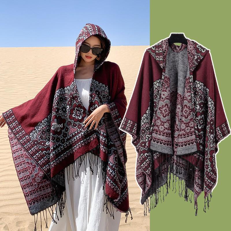 Yunnan Dali Ethnic Style Women's Warm Hooded Scarf Cloak