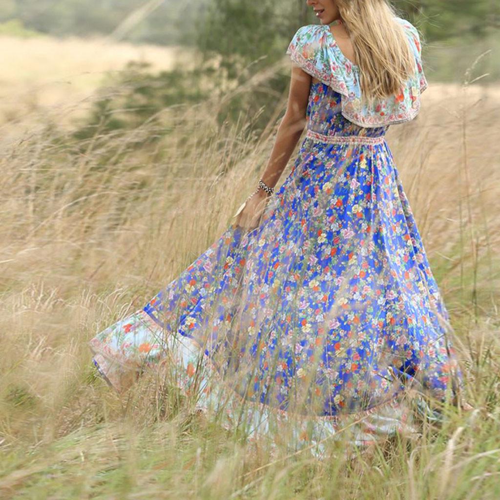 Women's Summer Bohemian Printed Waist V-Collar Chiffon Beach Long Dresses