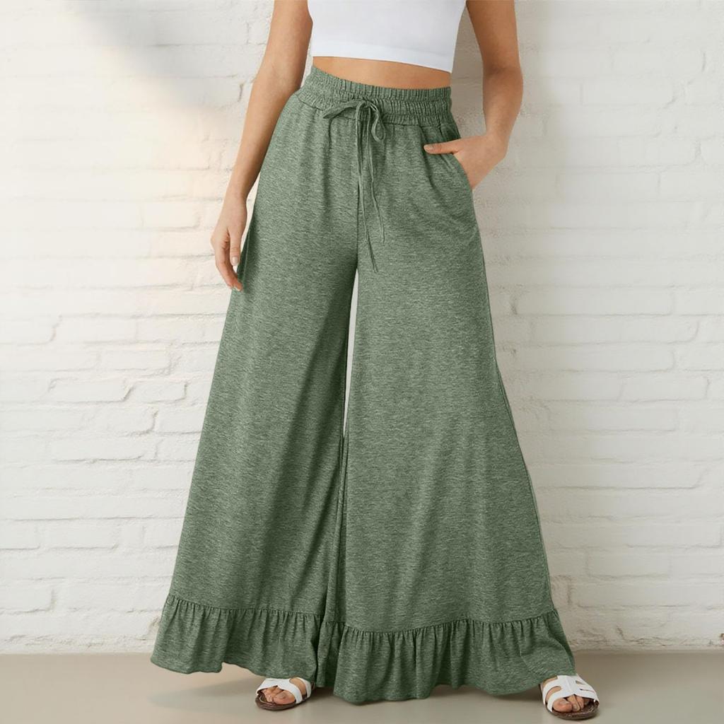 Women's Solid Color Ruffled Versatile Wide Leg Pants, Loose Casual Pants