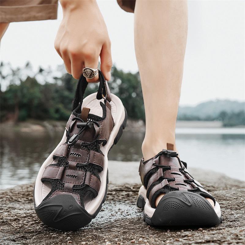 Leather Men'S Beach Shoes Fashionable And Comfortable Elastic Band Outdoor Sports Casual Shoes Breathable Hole Sandals