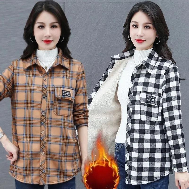 Keep Warm Add Velvet Shirt for Women Spring Autumn Winter Fashion Versatile Grid Shirt Jacket Female Blouse Top