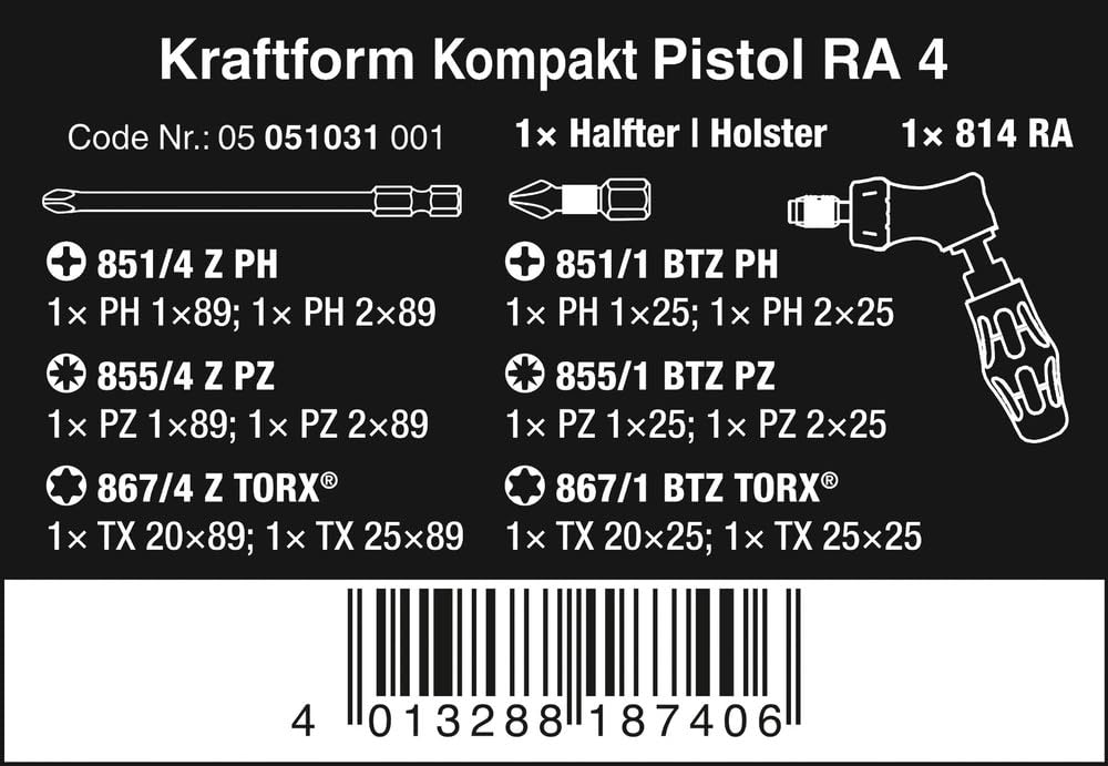 Wera 05051031001 Kraftform Kompakt RA 4 Tool 13 Pieces Imported from Pistol-Shaped Set, [Officially Japan]