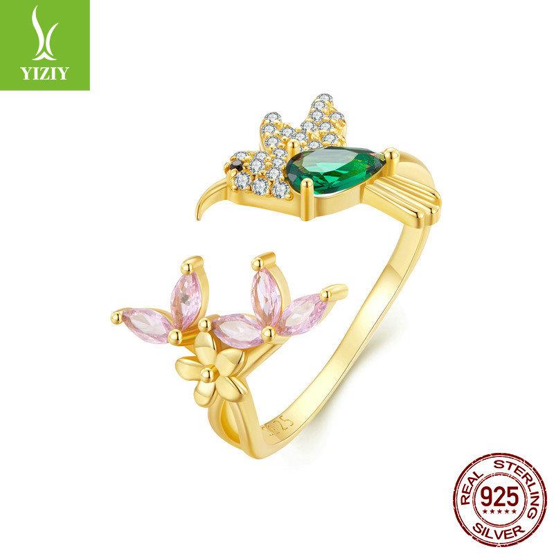 

Hummingbird With Flower Ring Opening, Colorful Zircon Bird Plated S925 Silver Ring Opening adjustable